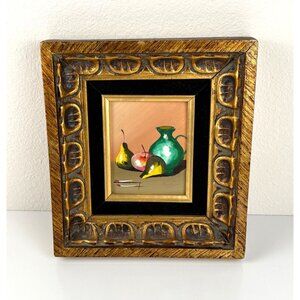 Vintage Gilded Frame Old World Still Life Oil Painting Pear Velvet Signed Ornate